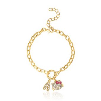 Hello Kitty Initial Crystal Charm Bracelet, Gold‑Tone, Adjustable