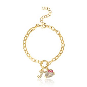 Hello Kitty Initial Crystal Charm Bracelet, Gold‑Tone, Adjustable