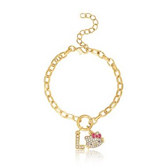 Hello Kitty Initial Crystal Charm Bracelet, Gold‑Tone, Adjustable