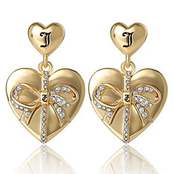 Juicy Couture Quilted Double‑Heart Drop Earrings, Gold‑Tone with Crystal Accents