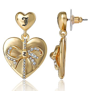 Juicy Couture Quilted Double‑Heart Drop Earrings, Gold‑Tone with Crystal Accents