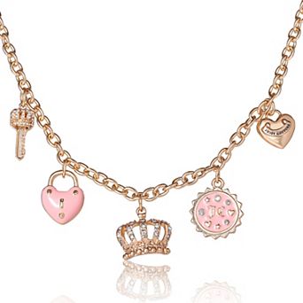 Juicy Couture Gold-Tone Charm Necklace with Pink Enamel Accents and Crystal Details