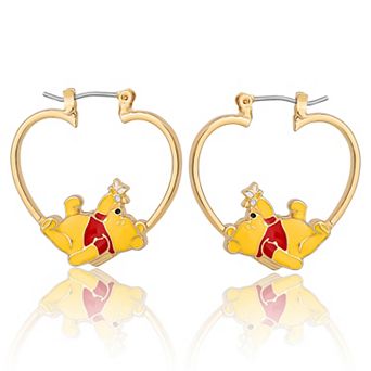 Disney Winnie the Pooh Heart Hoop Earrings, Gold-Tone with Red Enamel