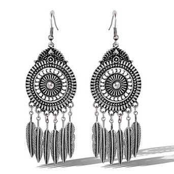 JS Jessica Simpson Boho Feather Statement Drop Earrings in Antique Silver