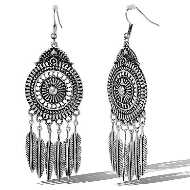 JS Jessica Simpson Boho Feather Statement Drop Earrings in Antique Silver