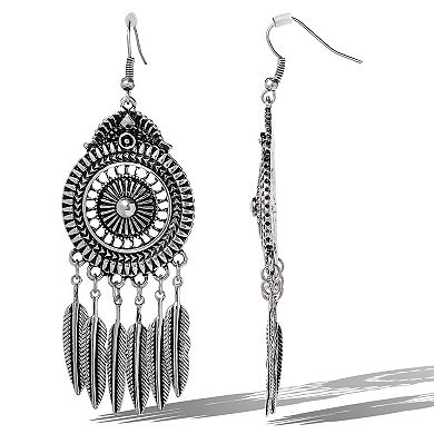 JS Jessica Simpson Boho Feather Statement Drop Earrings in Antique Silver