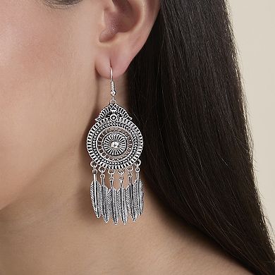 JS Jessica Simpson Boho Feather Statement Drop Earrings in Antique Silver