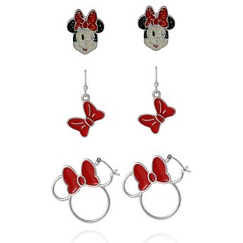 Disney Minnie Mouse Red Bow Earring Set, 3 Pairs (Hoops, Drops & Studs), Silver‑Tone
