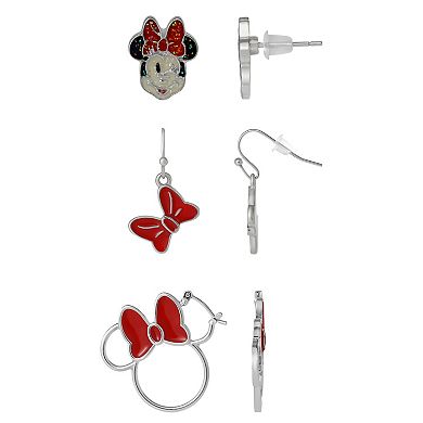 Disney Minnie Mouse Red Bow Earring Set, 3 Pairs (Hoops, Drops & Studs), Silver‑Tone