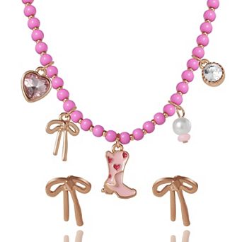 JS Jessica Simpson Charm Necklace & Earrings Set - Pink & Gold Western Style