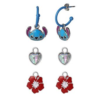 Disney Stitch Charm Hoop Earring Set, 3 Pairs with Interchangeable Charms, Silver‑Tone