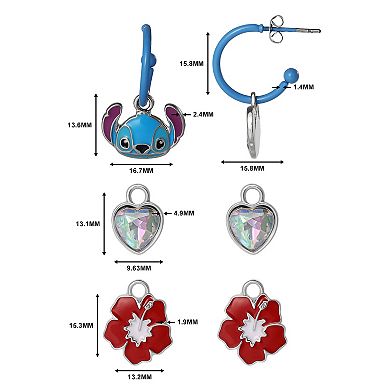 Disney Stitch Charm Hoop Earring Set, 3 Pairs with Interchangeable Charms, Silver‑Tone
