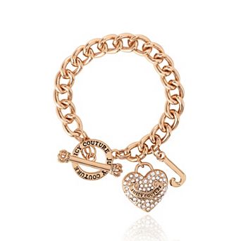 Juicy Couture Bracelet 7.5", Goldtone Toggle Bracelets for Women with Clear Stone Heart Charm
