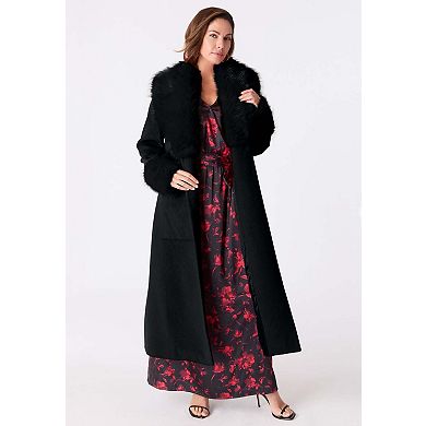 Roaman's Women's Plus Size Wool Blend Coat With Faux Fur Trim