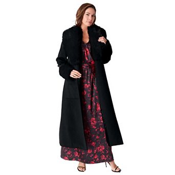 Roaman's Women's Plus Size Wool Blend Coat With Faux Fur Trim