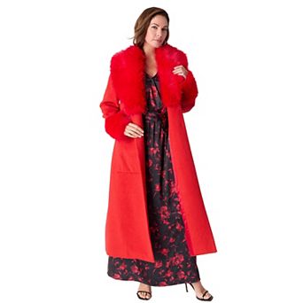 Roaman's Women's Plus Size Wool Blend Coat With Faux Fur Trim