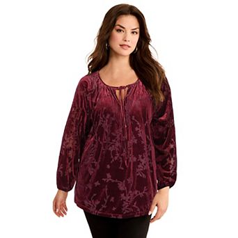 Roaman's Women's Plus Size Velvet Burnout Keyhole Tee