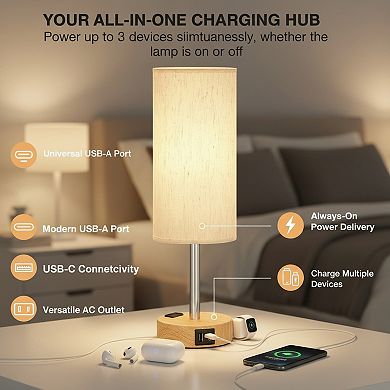 3 Way Dimmable Touch Bedside Lamp with USB C Charging Port and AC Outlet