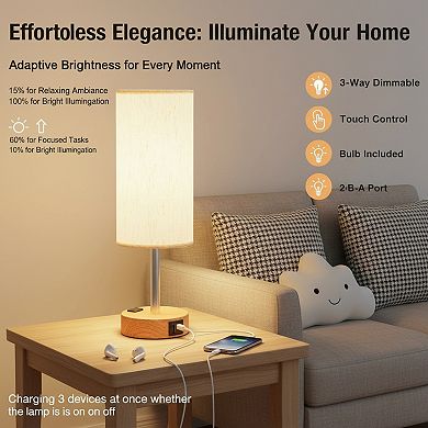 3 Way Dimmable Touch Bedside Lamp with USB C Charging Port and AC Outlet