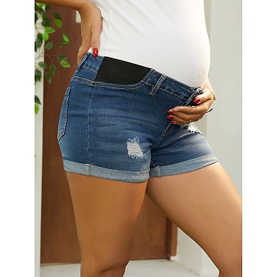 Women's Maternity Denim Shorts Elastic Waist Over Belly Mini Summer Pregnancy Jeans Bottom