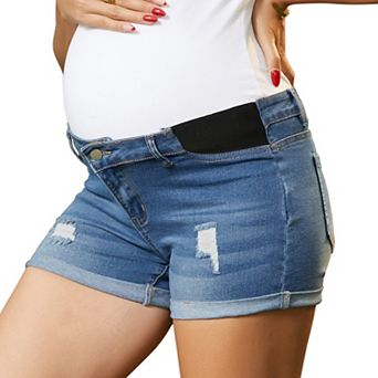 Women's Maternity Denim Shorts Elastic Waist Over Belly Mini Summer Pregnancy Jeans Bottom