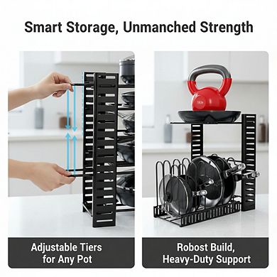 8-Tier Adjustable Heavy-Duty Pots and Pans Organizer Rack for Under Cabinet Storage