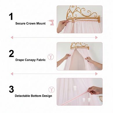 Cute Lace Princess Bed Canopy with Metal Crown-Soft Polyester Fabric,Easy Installation