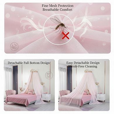 Cute Lace Princess Bed Canopy with Metal Crown-Soft Polyester Fabric,Easy Installation