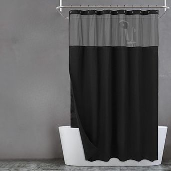 Waffle Weave Shower Curtain with Snap-in Fabric Liner & 12 Black Hooks Set , 71x72