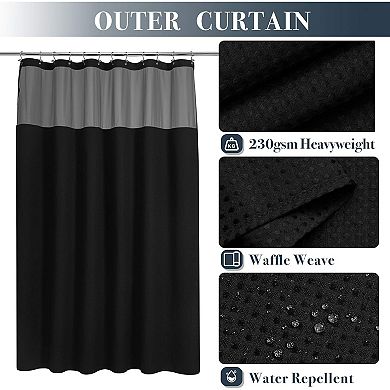 Waffle Weave Shower Curtain with Snap-in Fabric Liner & 12 Black Hooks Set , 71x72