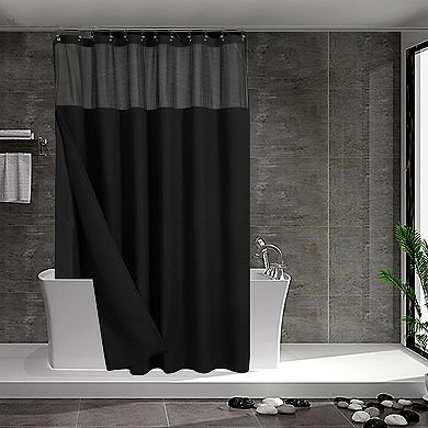 Waffle Weave Shower Curtain with Snap-in Fabric Liner & 12 Black Hooks Set , 71x72