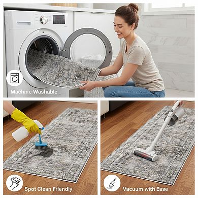 Washable Hallway Runner Rug with Rubber Backing Vintage Design