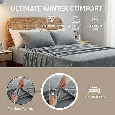 Fleece Sheets Queen Size Set 4 Piece Super Soft and Warm for Winter Grey