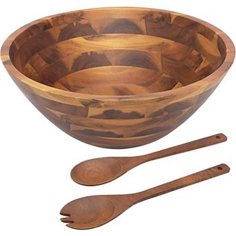 Acacia Wood Salad and Fruit Bowl Set 12.5 Inch with Serving Utensils
