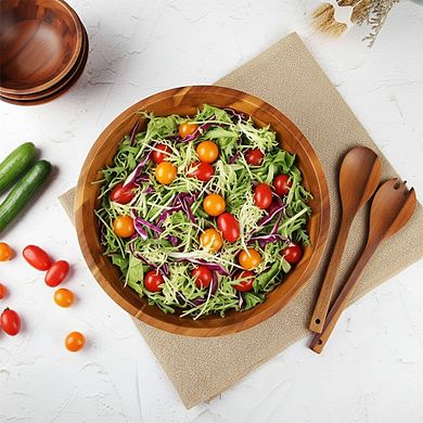 Acacia Wood Salad and Fruit Bowl Set 12.5 Inch with Serving Utensils