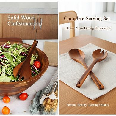 Acacia Wood Salad and Fruit Bowl Set 12.5 Inch with Serving Utensils