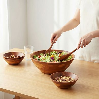 Acacia Wood Salad and Fruit Bowl Set 12.5 Inch with Serving Utensils