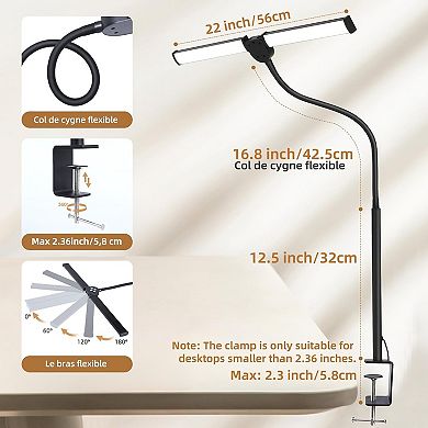 LED Desk Lamp with Clamp Double Head 25 Lighting Modes Flexible Goose Neck