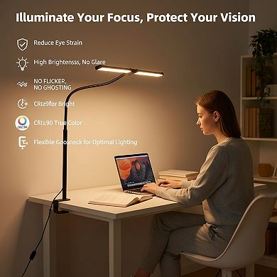 LED Desk Lamp with Clamp Double Head 25 Lighting Modes Flexible Goose Neck