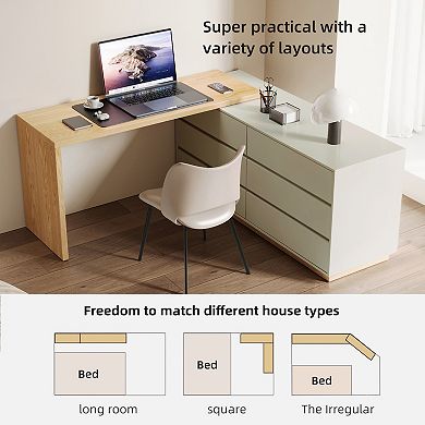 L-Shaped Desk with 6 Drawers, Extendable from 56 inch to 98.5 inch
