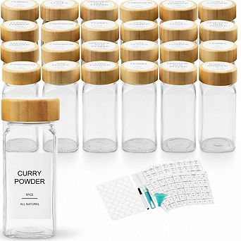 24-Pack 4oz Glass Spice Jars with Bamboo & Shaker Lids, Includes Labels for Kitchen & Pantry Organiz
