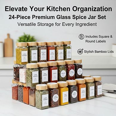 24-Pack 4oz Glass Spice Jars with Bamboo & Shaker Lids, Includes Labels for Kitchen & Pantry Organiz