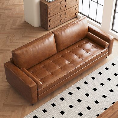 Mid-Century Modern Faux Leather Sofa Couch, 80" 3-Seater Sofa with Bolster Pillows