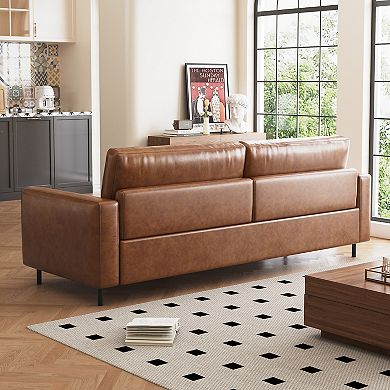 Mid-Century Modern Faux Leather Sofa Couch, 80" 3-Seater Sofa with Bolster Pillows