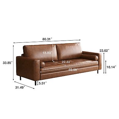 Mid-Century Modern Faux Leather Sofa Couch, 80" 3-Seater Sofa with Bolster Pillows