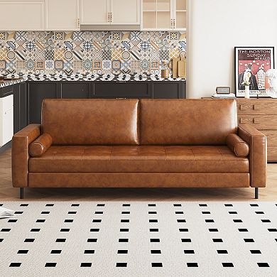 Mid-Century Modern Faux Leather Sofa Couch, 80" 3-Seater Sofa with Bolster Pillows