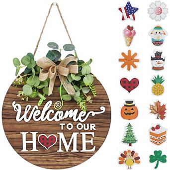 Interchangeable Welcome Sign Front Door Decoration Round Wood Wreath All Seasons