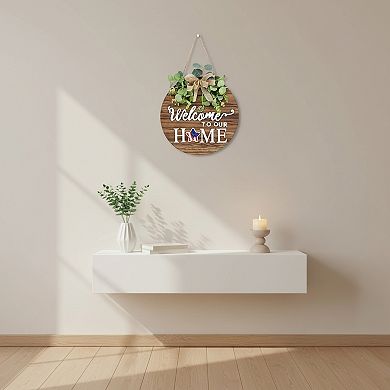 Interchangeable Welcome Sign Front Door Decoration Round Wood Wreath All Seasons