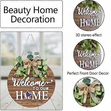 Interchangeable Welcome Sign Front Door Decoration Round Wood Wreath All Seasons