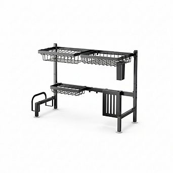 Over the Sink Dish Drying Rack, 2 tier Adjustable Stainless Steel Drainer with Cutlery Holder, Black